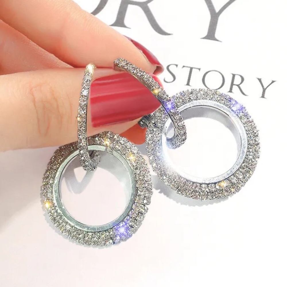 NEW Circle Sparkly Rhinestone Dangle Earrings, Silver or Rose Gold - STUNNING! - Picture 2 of 10